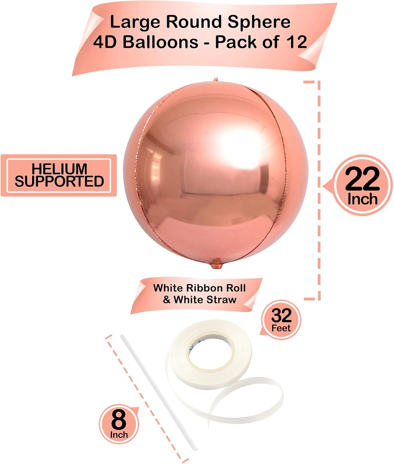 , Giant Rose Gold Balloons - 22 Inch, Pack of 12 | Rose Gold Foil Balloons for Birthday Party Decorations | Mylar Balloon for Birthday, Bridal Shower, Baby Shower, Anniversary Decorations