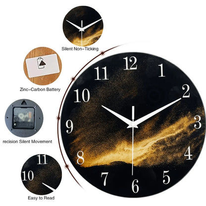 Black Wall Clock for Living Room 14 Inch Glass Analog Wall Clocks Battery Operated Silent Clock for Bedroom Office
