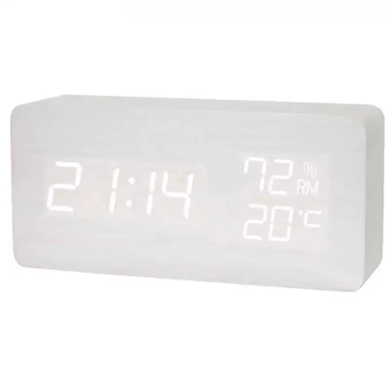 Digital LED Wooden Alarm Clock, Desk Clock, Voice Activated, Electronic Desktop Clock, Luminous Silent Alarm Clock