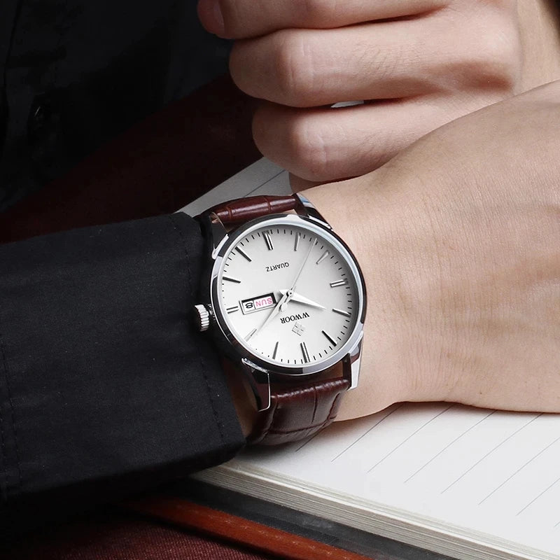 Famous Brand Luxury Sports Business Mens Watch Day Date Analog Quartz Watches Male Brown Leather Casual Wrist Watch Clocks
