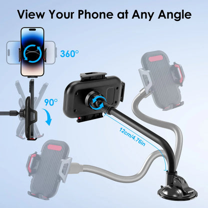 Car Phone Holder, Universal Long Arm Phone Mount Cradle for Windshield Dashboard, Car Suction Cup Phone Mount Compatible with Iphone 13 Mini Pro Max 12 11 Pro Max XS XR, Galaxy Note 20 S20
