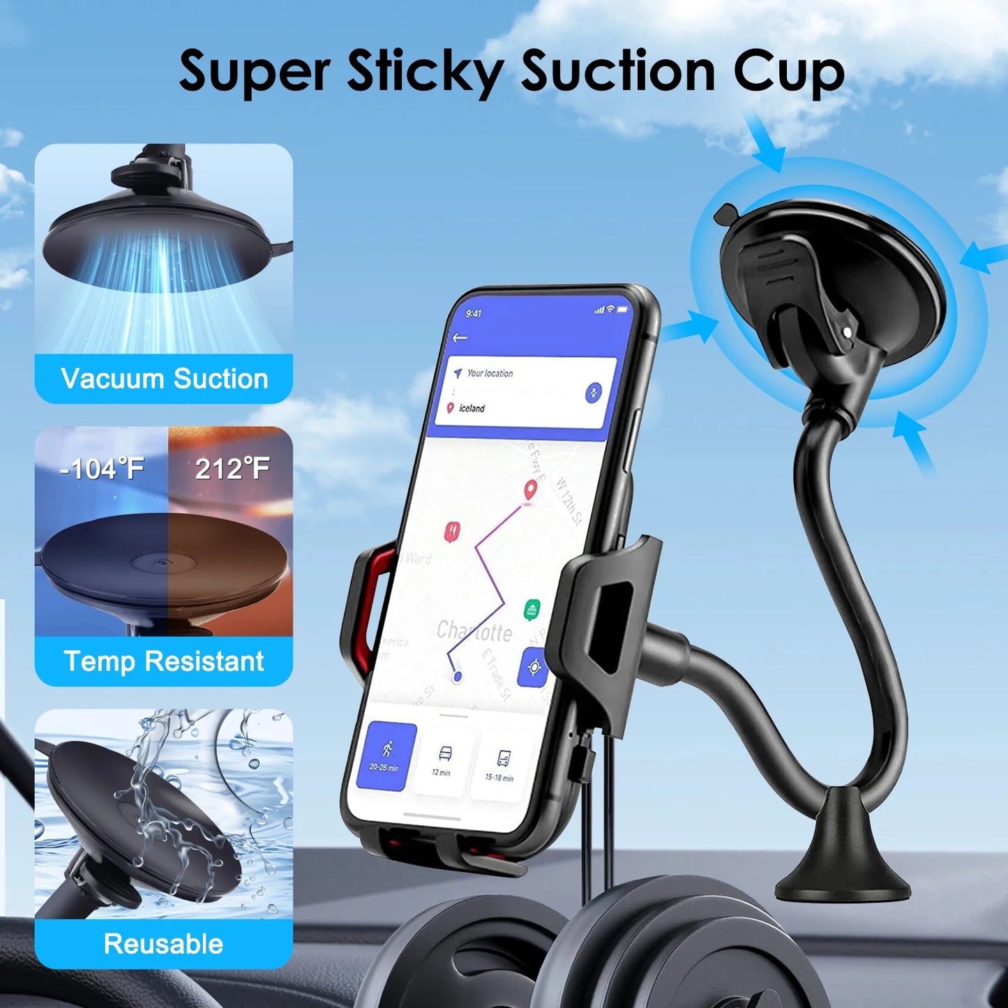Car Phone Holder, Universal Long Arm Phone Mount Cradle for Windshield Dashboard, Car Suction Cup Phone Mount Compatible with Iphone 13 Mini Pro Max 12 11 Pro Max XS XR, Galaxy Note 20 S20