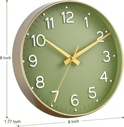 Wall Clock Green, Silent Wall Clocks Battery Operated 8 Inch-Modern Non Ticking