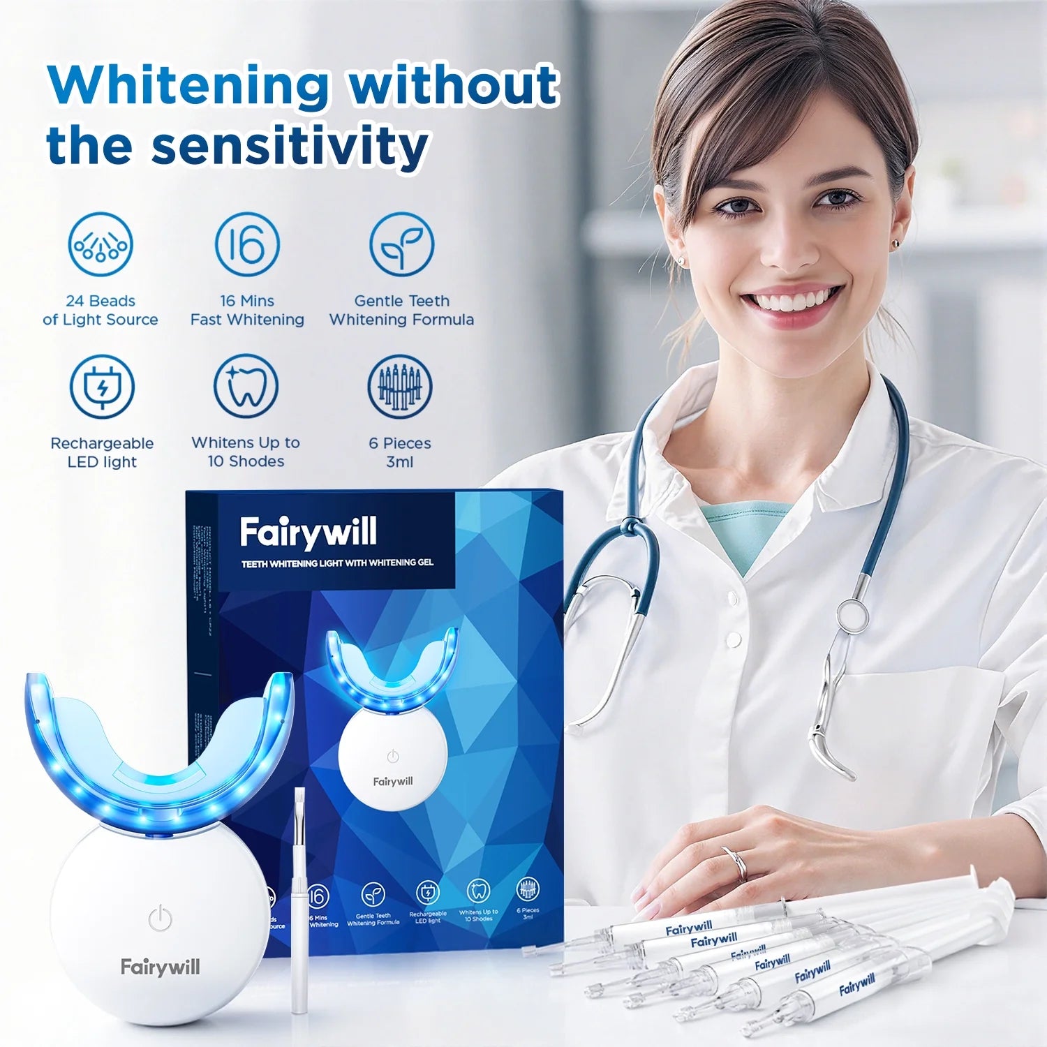 LED Teeth Whitening Kit for Sensitive Teeth - 22% Carbamide Peroxide Gel with 24 Blue Light Accelerator, 16Min Rapid White At-Home Dental Care for Smoking & Coffee Stains