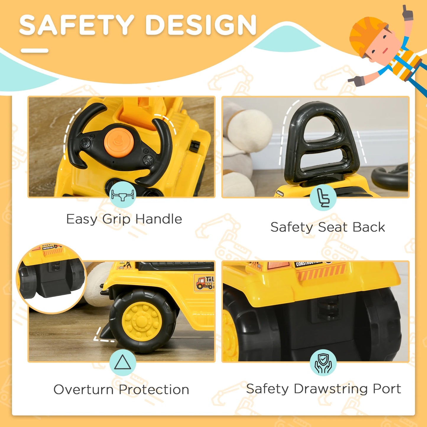 NO Power 3 in 1 Ride on Toy Excavator Digger Scooter Pulling Cart Pretend Play Construction Truck