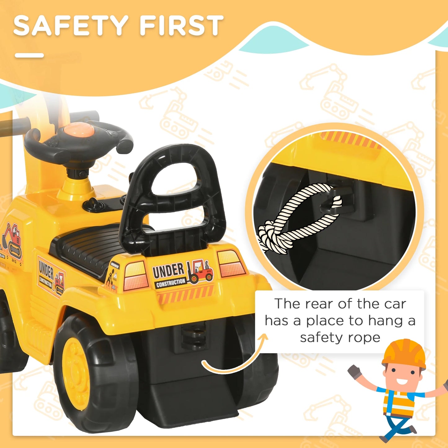 NO Power 3 in 1 Ride on Toy Excavator Digger Scooter Pulling Cart Pretend Play Construction Truck